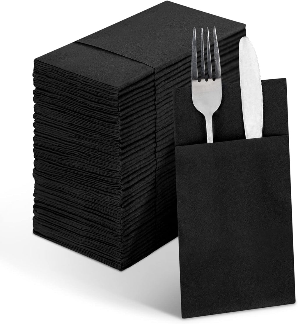 Linen-Feel Black Paper Napkins, Cloth Like Dinner Napkins with Built-in Flatware Pocket, Pre-Folded Absorbent Disposable Guest Paper Hand Towels for Bathroom, Weddings Party(50 Pack)