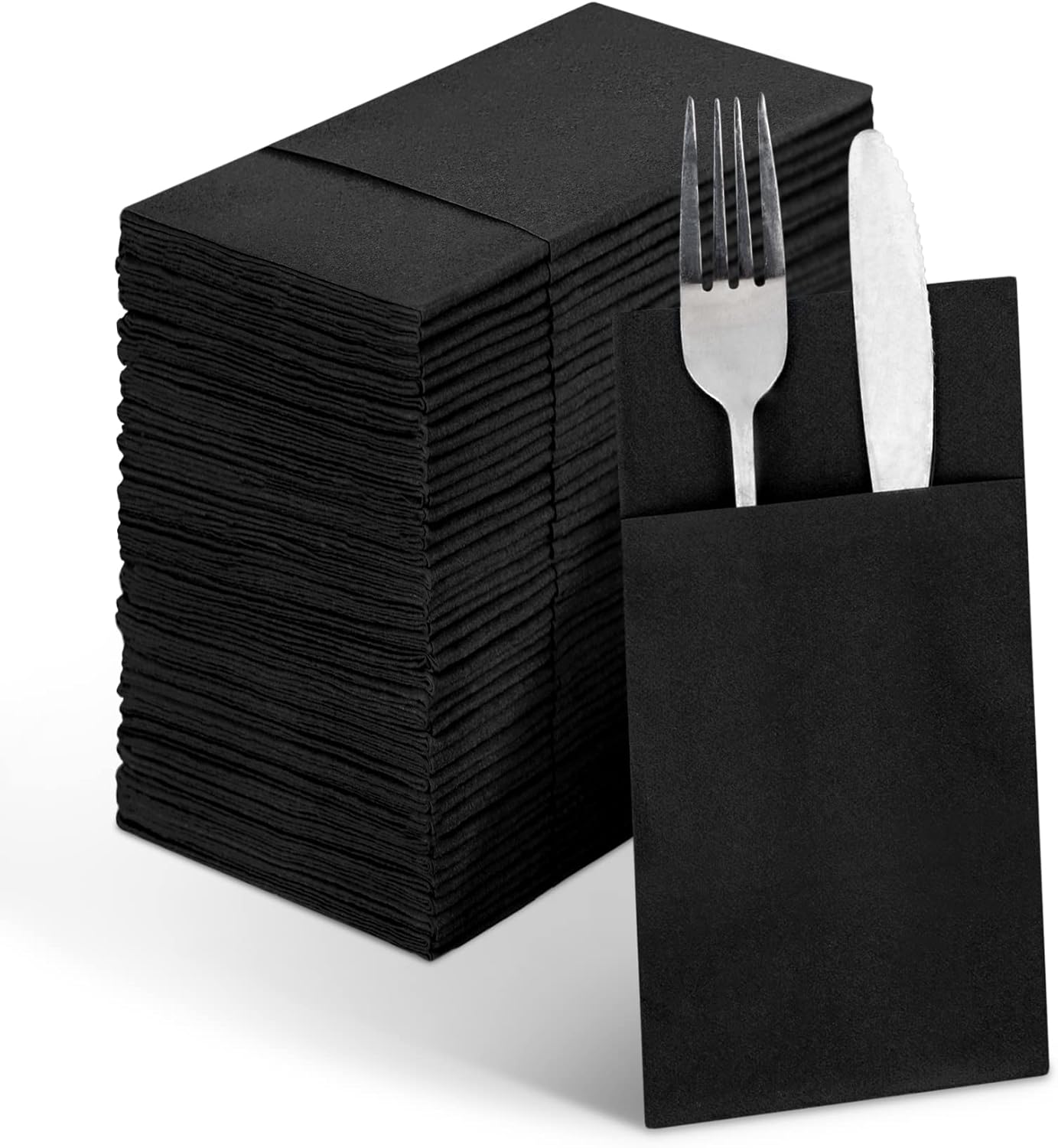 Linen-Feel Black Paper Napkins, Cloth Like Dinner Napkins with Built-in Flatware Pocket, Pre-Folded Absorbent Disposable Guest Paper Hand Towels for Bathroom, Weddings Party(50 Pack)