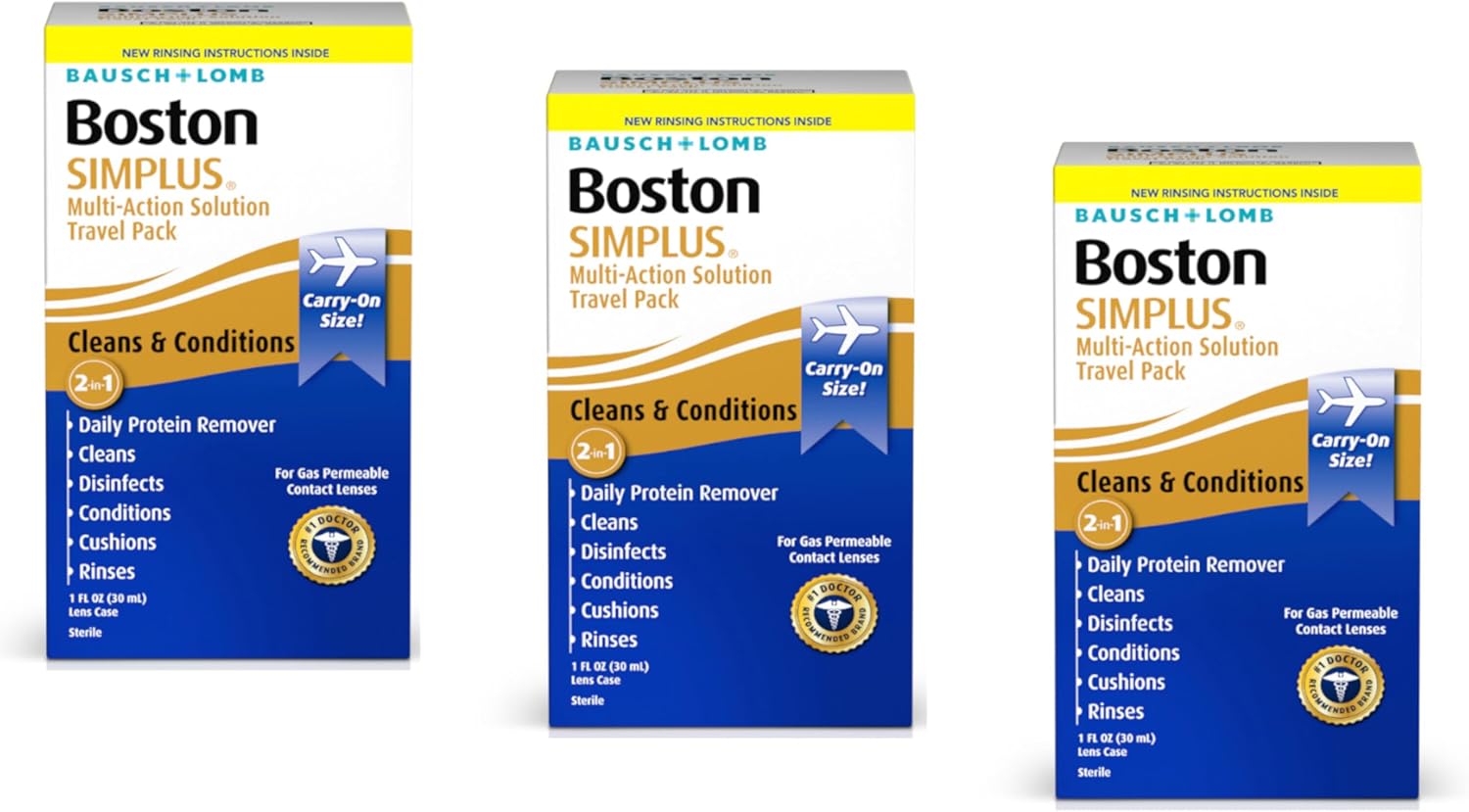 Boston SIMPLUS Multi-Action Solution Travel Kit and Lens Case - from Bausch + Lomb, 1 fl oz (30 mL), Contact Lens Case Included (Pack of 3)