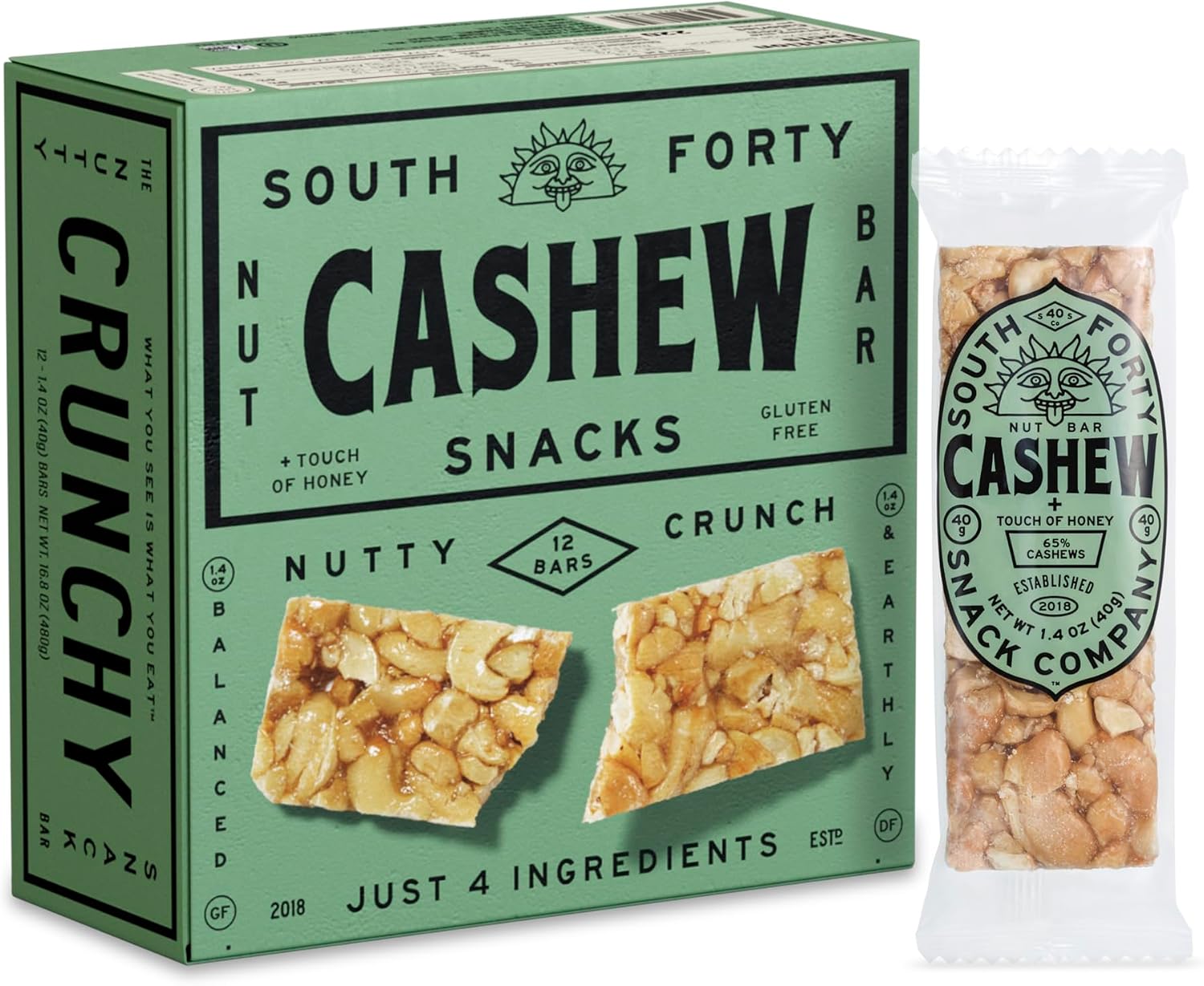 South 40 Snacks Crunchy Cashew Bar, Just 4 Ingredients, Touch of Honey (40g Bar, Pack of 12)
