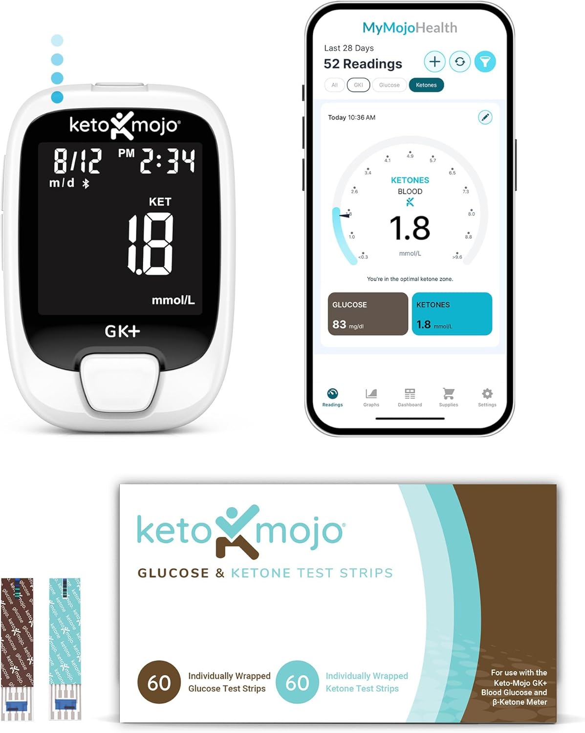 Keto-Mojo GK+ Glucose & Ketone Testing Kit with 140 Test Strips – Advanced Bluetooth Meter with Free App for Ketosis Fat-Burning Fasting & Metabolic Support – Includes 70 Glucose + 70 Ketone Strips