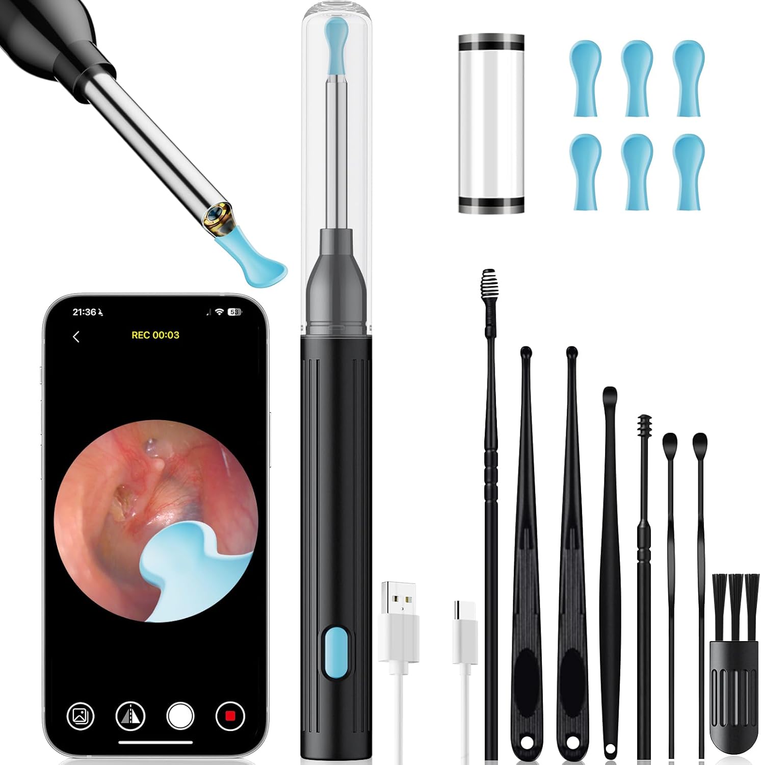 Ear Wax Removal Tool with Camera - 1296P HD Ear Cleaner Otoscope with 6 LED Lights, Wireless Earwax Remover Kit with 8 Pcs Ear Picks, WiFi Ear Scope Cleaning Kit for iPhone, iPad & Android