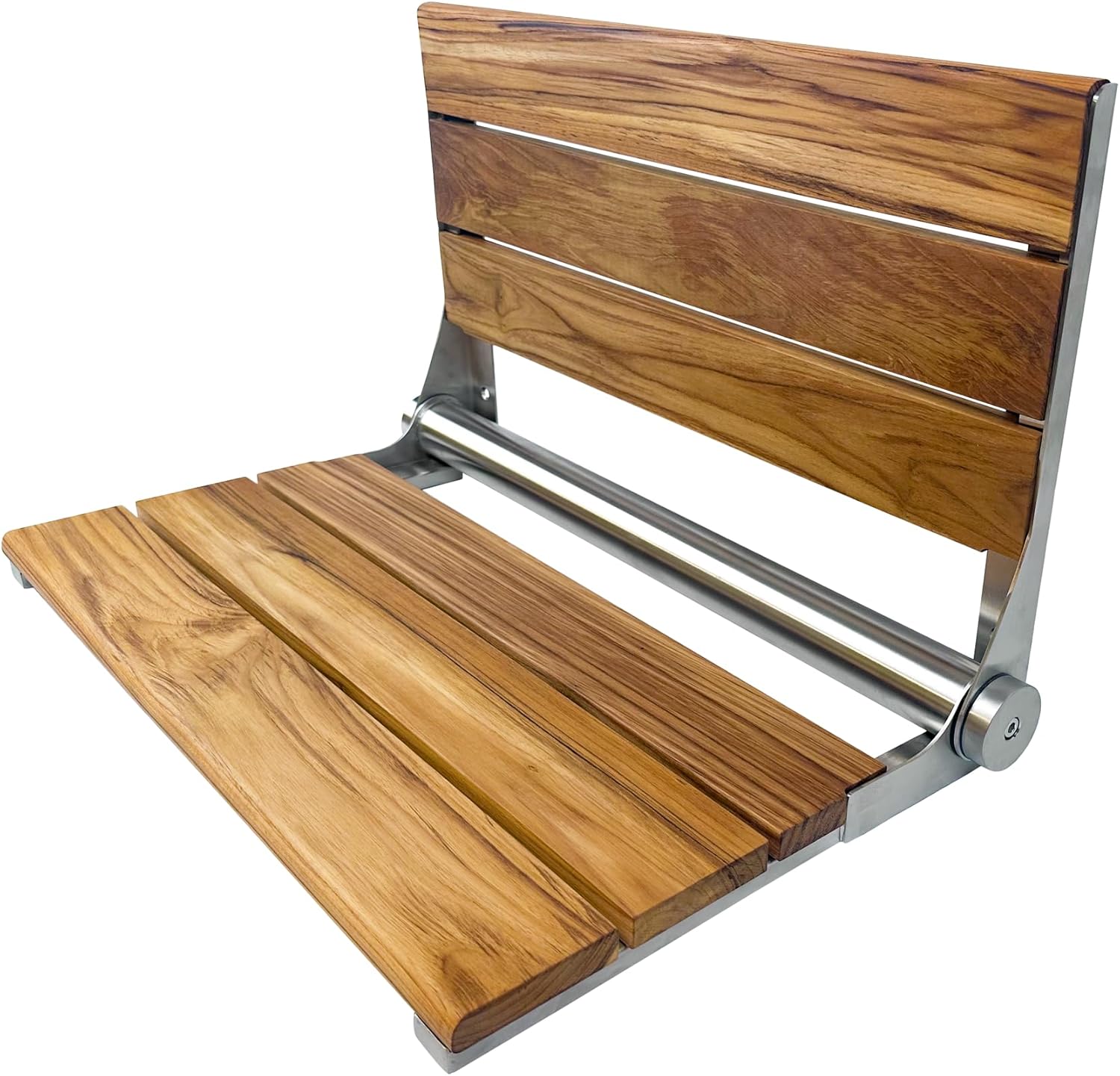 Teak Shower Seat Bench with Back - Wall Mounted Fold Up Shower Seat, Waterproof Folding Teak Bath Chair for Seniors, 304 Stainless Steel, with 300 lbs Capacity - 24" Length, Brushed Stainless Finish