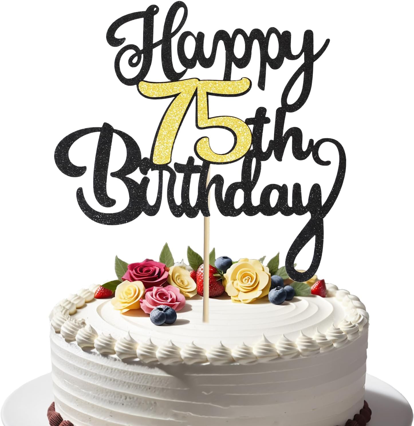 75th Happy Birthday Cake Topper, Glitter Happy 75th Birthday Cake Topper for Birthday Party Cake Decoration(Black with Gold)