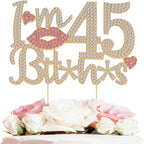 I'm 45th Birthday Funny Gold & Pink Rhinestone Cake Topper - Happy 45th Birthday Cheers to 45 Years Old Bday Party Metal Sparkly Food Centerpieces Topper Decorations Sign.