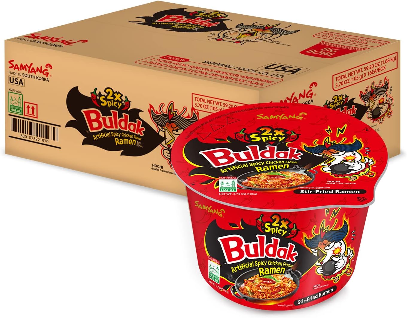 Samyang Buldak Spicy Hot Chicken Stir Fried Big Bowl Ramen (2X_Pack of 16)