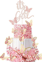 Glitter Double Sided Baby Shower Cake Topper Girl Set,Assembled Rose Gold It's A Girl Cake Toppers and 20 Pieces Pink Butterflies Cupcake Toppers Decorations for Baby Shower Party Decor Favors
