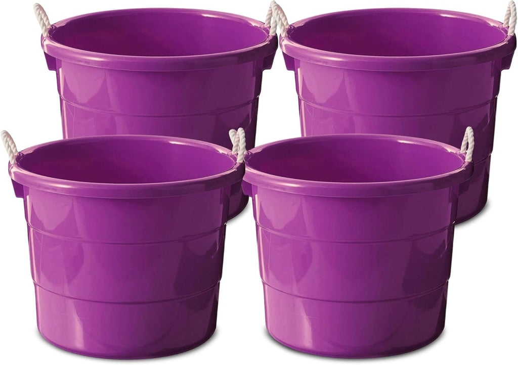 HOMZ 4-Pack Utility Tub, Large Plastic Storage Bucket with Rope Handles, 17 Gallon, Purple - Portable Indoor and Outdoor Buckets for Kitchen, Laundry, Garden, Bathroom, and Garage Organization