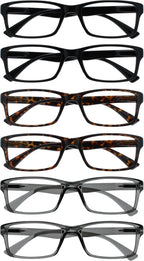 OPULIZE PEP Classic Reading Glasses for Women Men, Scratch Resistant Rectangular Frame with Spring Hinges, Black, Brown, Grey, +1 (Pack of 6)