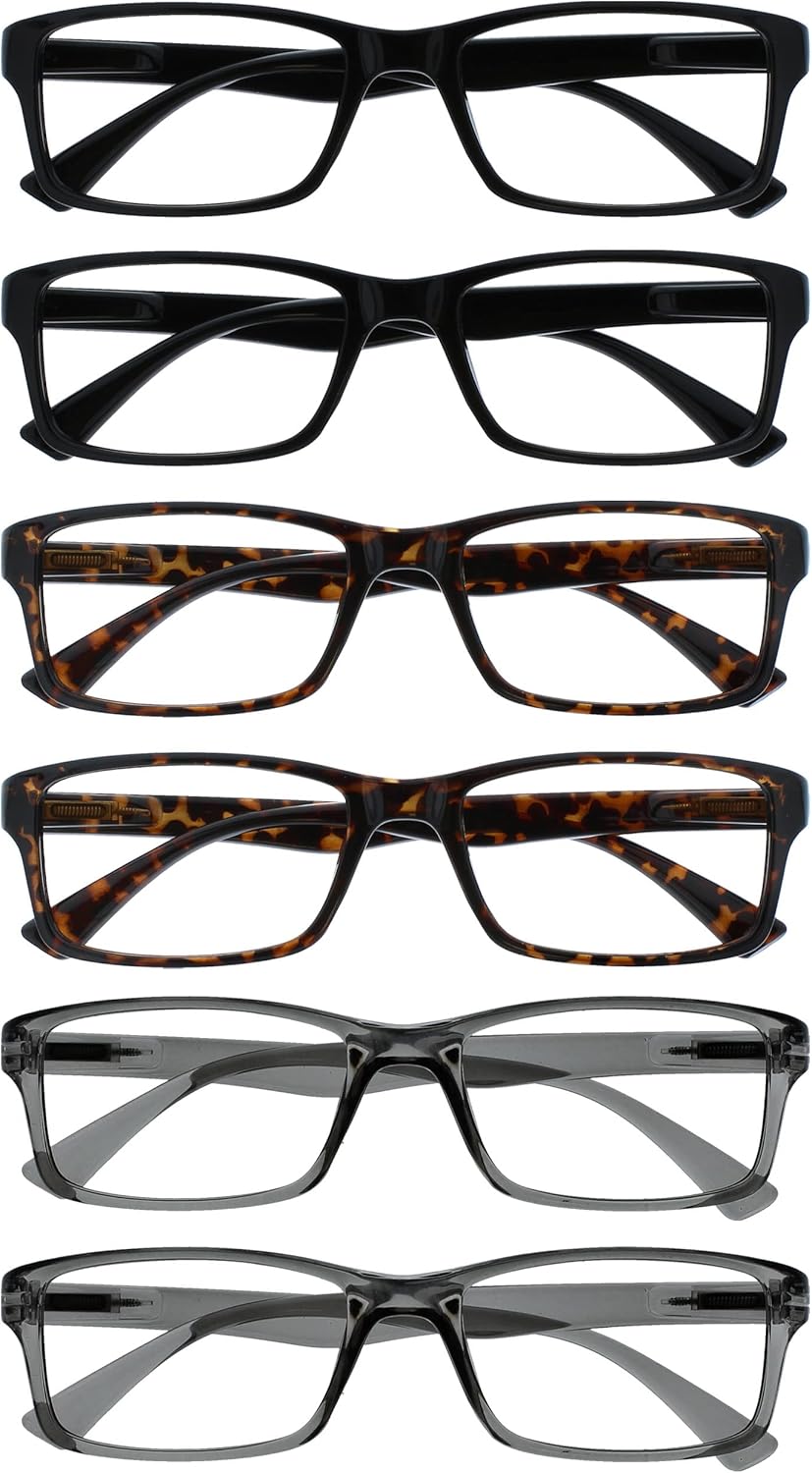 OPULIZE PEP Classic Reading Glasses for Women Men, Scratch Resistant Rectangular Frame with Spring Hinges, Black, Brown, Grey, +1 (Pack of 6)