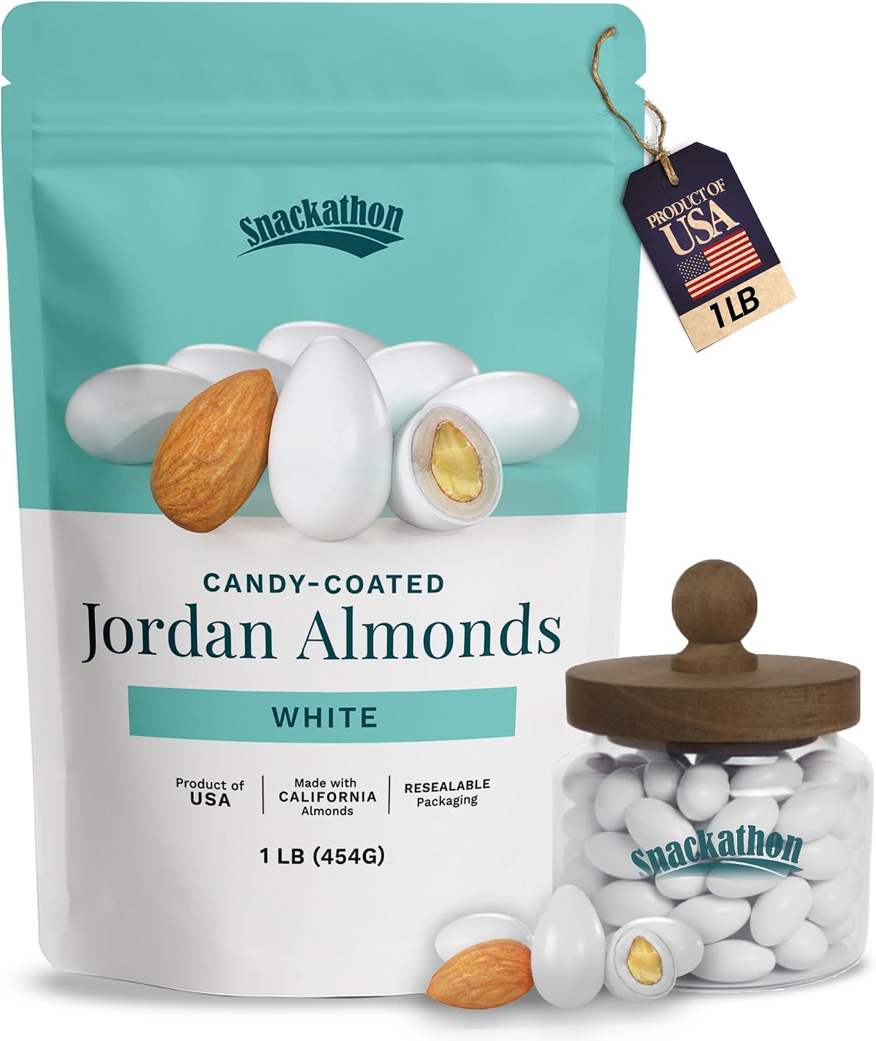 Snackathon Jordan Almonds, White Candy-Coated Almonds, 1 LB Resealable Bag, Made in USA, Bulk Italian Confetti Wedding Favors, Baby & Bridal Showers, Party Buffets, Events & Holidays