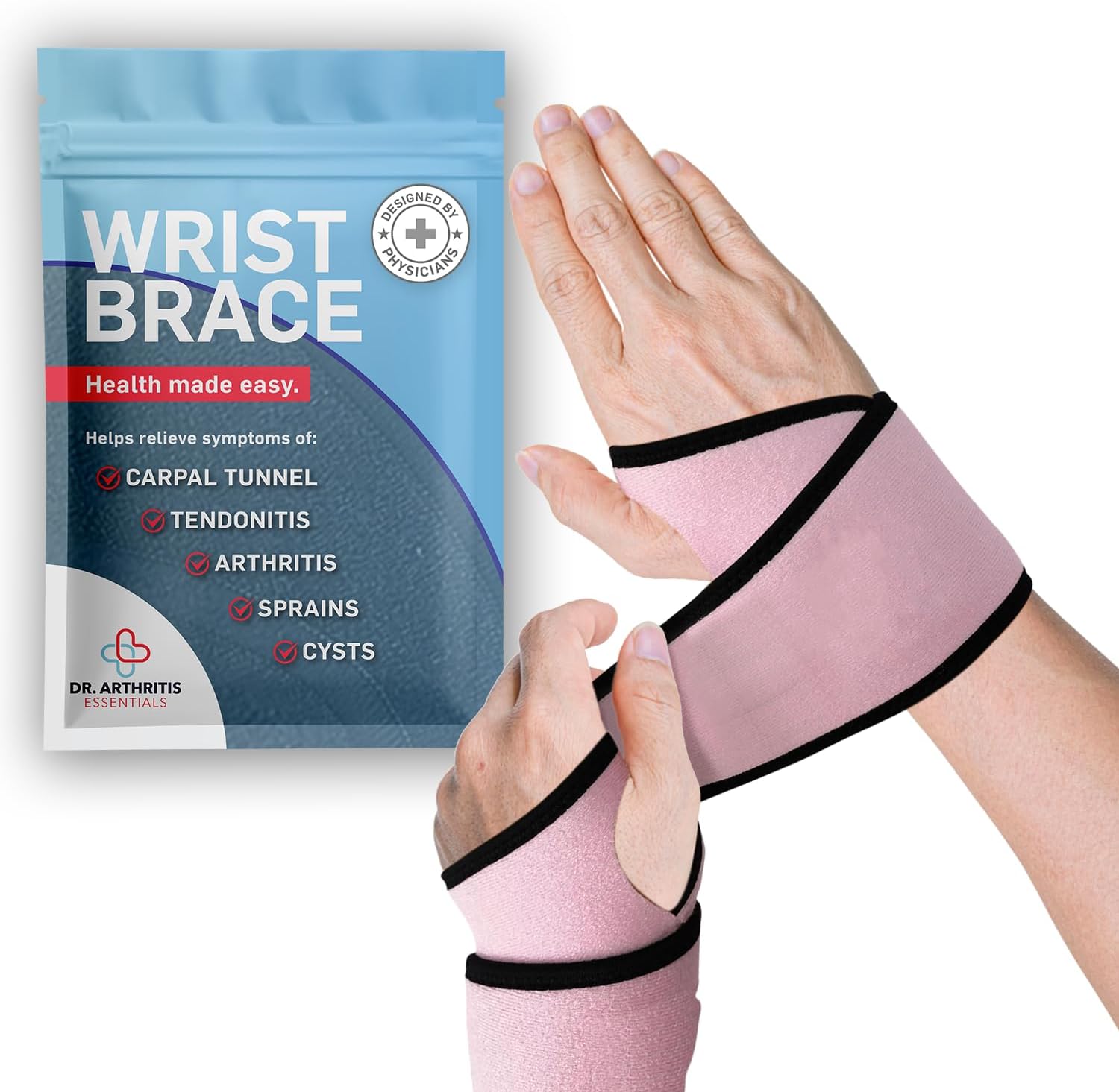 Dr. Arthritis Essentials Wrist Brace, Wrist Splint, Hand Brace & Wrist Guard for Left & Right Hand (Pink 2 Pack)