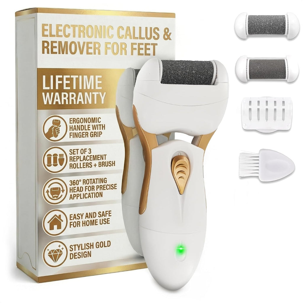 Electric Callus Remover for Feet – Electric Foot Filer with 3 Replacement Rollers & 360° Rotating Head – Hard Skin Remover for Feet with Ergonomic Handle for Easy Grip & Control in Home Pedicure