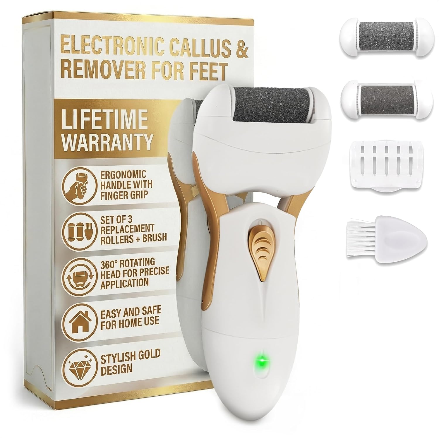 Electric Callus Remover for Feet – Electric Foot Filer with 3 Replacement Rollers & 360° Rotating Head – Hard Skin Remover for Feet with Ergonomic Handle for Easy Grip & Control in Home Pedicure