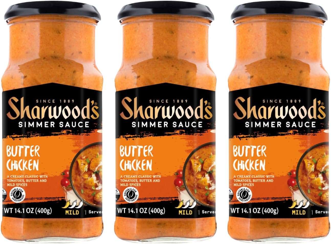 Sharwood’s Indian Cooking Sauce, Rich Authentic Flavor, Quick & Easy Meal Prep, 14.1 oz Glass Jars (3 Pack) (3 Pack, Butter Chicken)