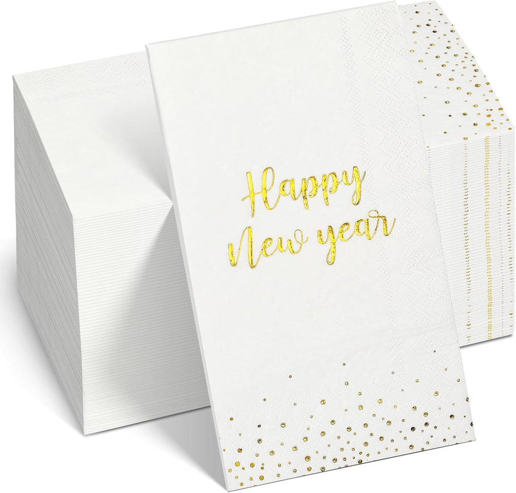 100Pcs Happy New Year Napkins, White Gold Foil Disposable Paper Napkins, Paper Hand Towels Cocktail Napkins for Christmas 2026 New Year's Eve Party Decoration and Supplies, 7.9 x 4.3 Inch