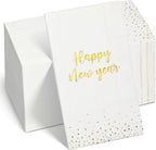 100Pcs Happy New Year Napkins, White Gold Foil Disposable Paper Napkins, Paper Hand Towels Cocktail Napkins for Christmas 2026 New Year's Eve Party Decoration and Supplies, 7.9 x 4.3 Inch