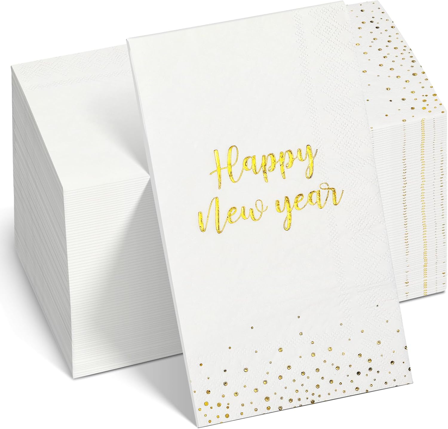 100Pcs Happy New Year Napkins, White Gold Foil Disposable Paper Napkins, Paper Hand Towels Cocktail Napkins for Christmas 2026 New Year's Eve Party Decoration and Supplies, 7.9 x 4.3 Inch