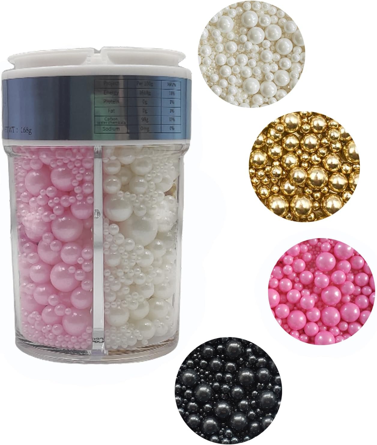 Edible 4 in1 Pearls Sugar Sprinkles 6 oz, Mix size Candy Pearl for Cake Decorating and Cupcake Toppers Cookie Decorations Ice Cream Topping Wedding Halloween Christmas(White,Black,Gold,Pink)