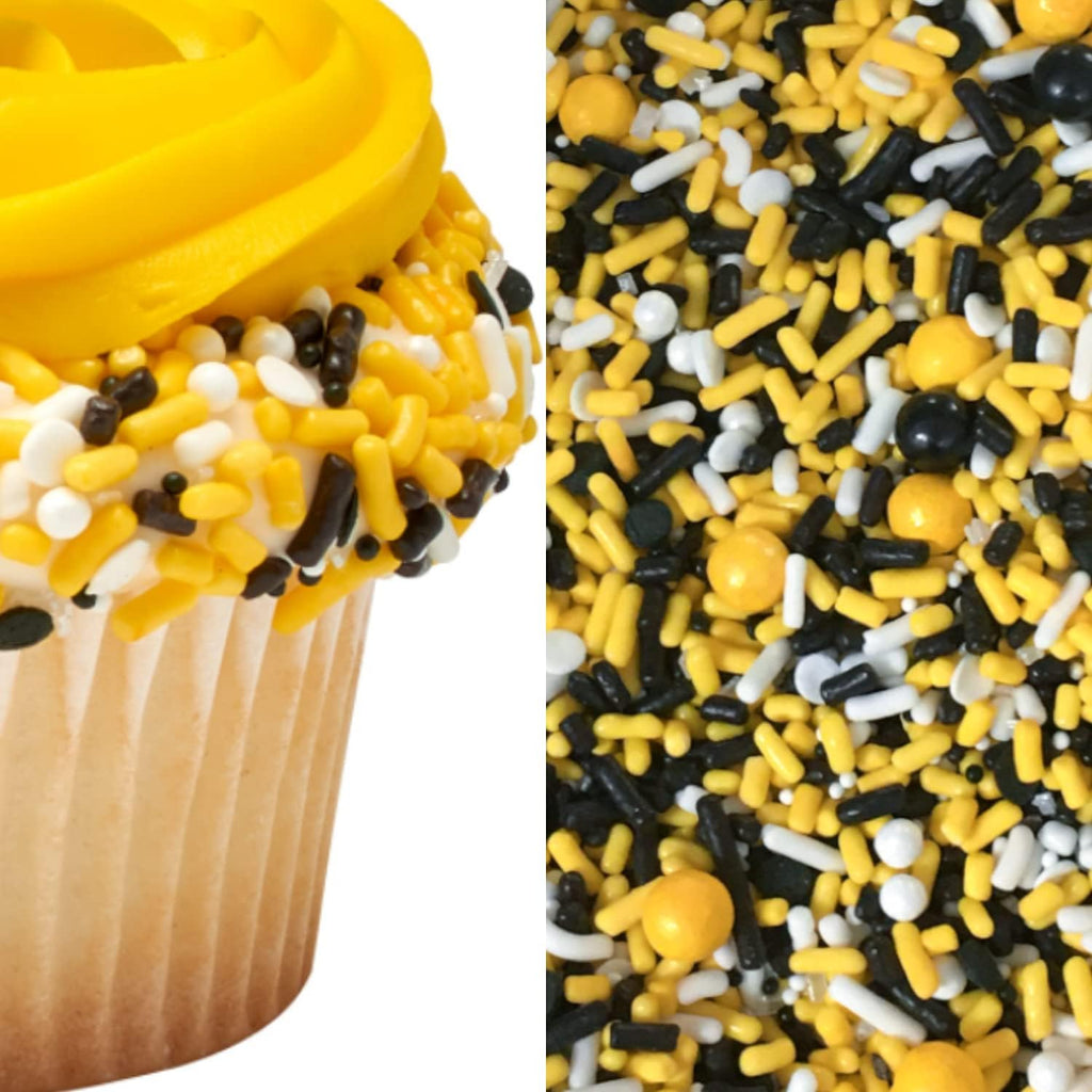 Elegant Yellow Black White Sprinkles Mix (4oz) - Edible Themed Classic Color Chic Jimmies Confetti Pearls Cake Cookie Cupcake Ice Cream Donut Candy Decoration Toppers