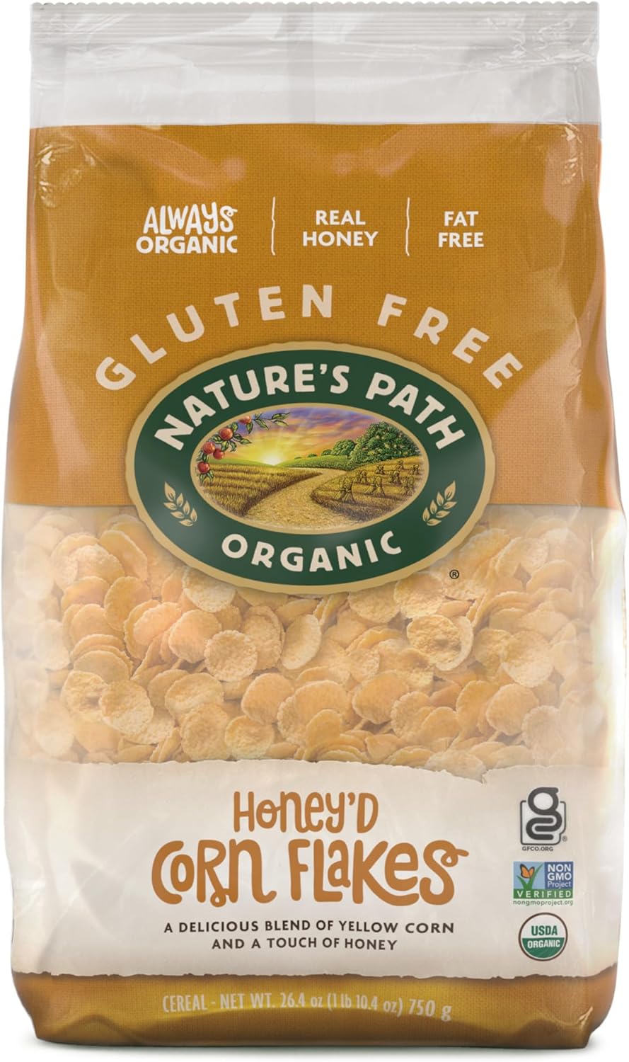Nature's Path Organic Honey'D Corn Flakes Cereal, 26.4 oz (Pack of 1), Gluten Free, Non-GMO, Earth Friendly Packaging