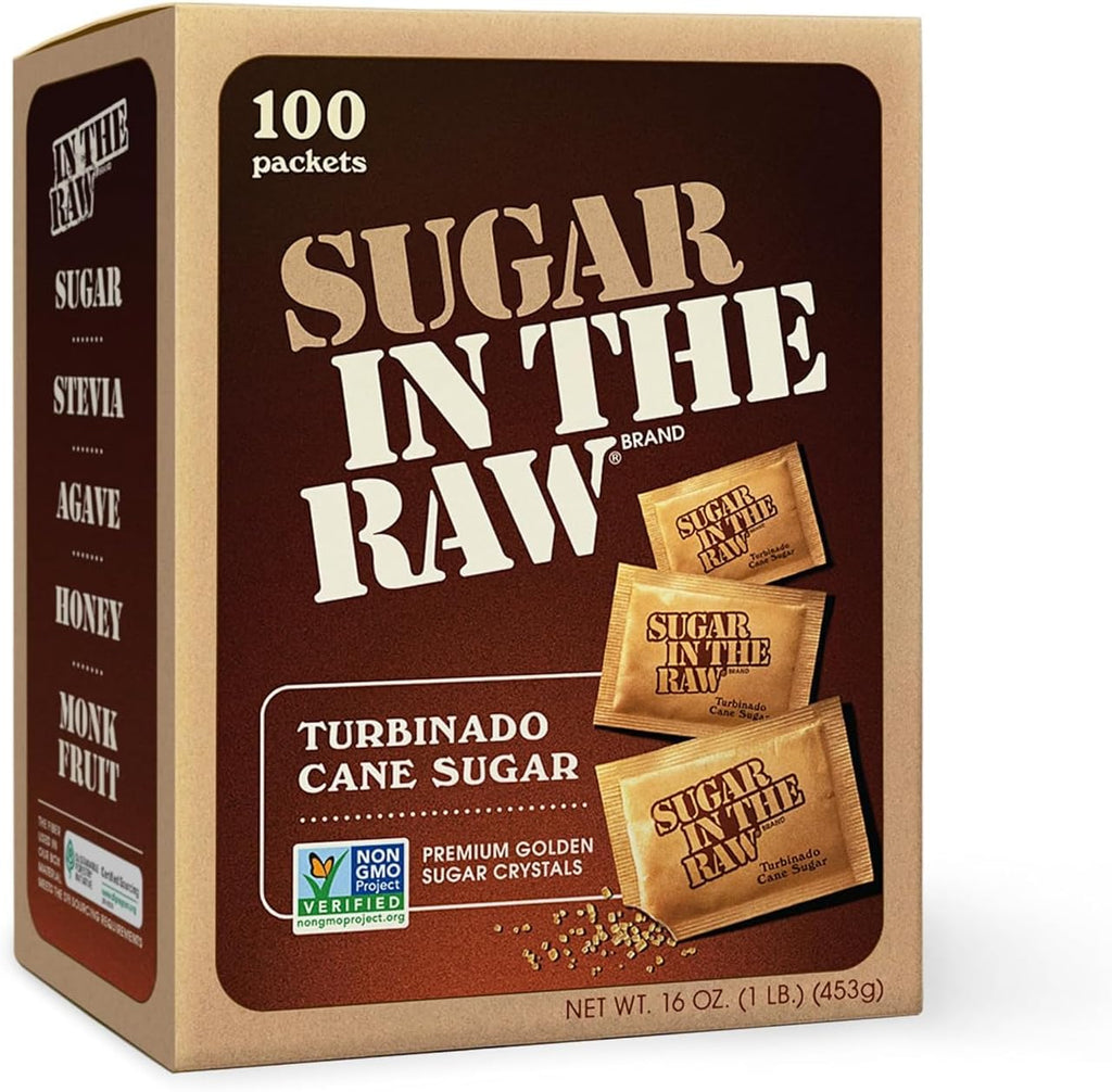 Sugar In The Raw Turbinado Cane Sugar Packets, 100 Ct, Pure, All-Natural Turbinado Sugar, Non-GMO Project Verified, Kosher, Vegan and Gluten Free