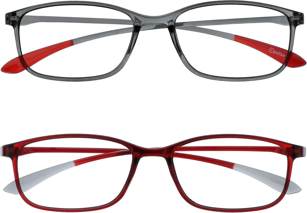 OPULIZE ICE Reading glasses for Women Men,Scratch Resistant Rectangular frame with Spring Hinges, Crystal Grey,Crystal Dark Red +2.5 (Pack of 2)