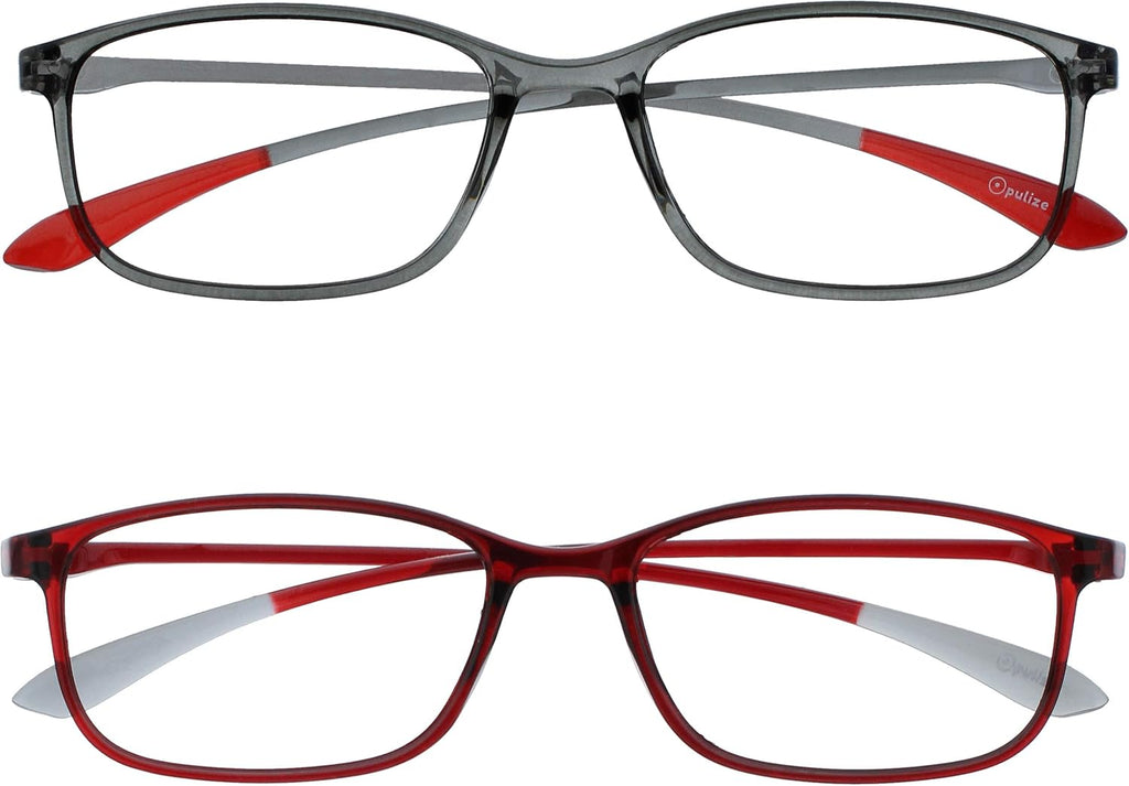OPULIZE ICE Reading glasses for Women Men,Scratch Resistant Rectangular frame with Spring Hinges, Crystal Grey,Crystal Dark Red +3 (Pack of 2)