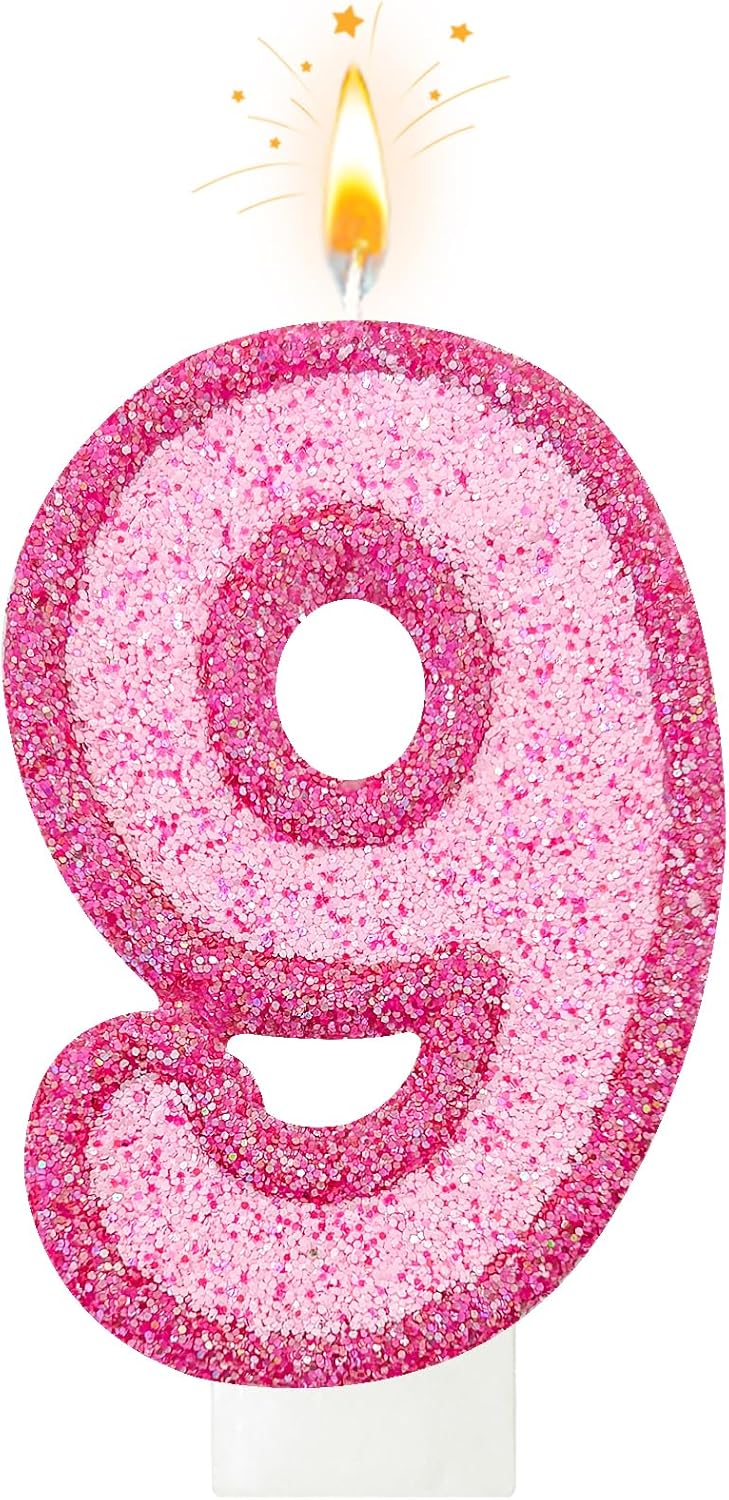 Pink Glitter Number Cake Candle, Sparkly Dual-Tone Pink Cake Topper for Decorative Display