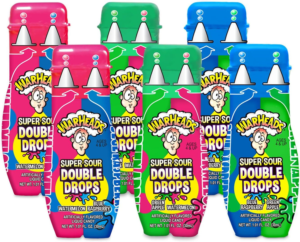 WARHEADS Super Sour Double Drops - Liquid Sour Candy - Blue Raspberry, Green Apple and Watermelon Assorted Flavors - 1.01 oz. Bottles - 6 Pack