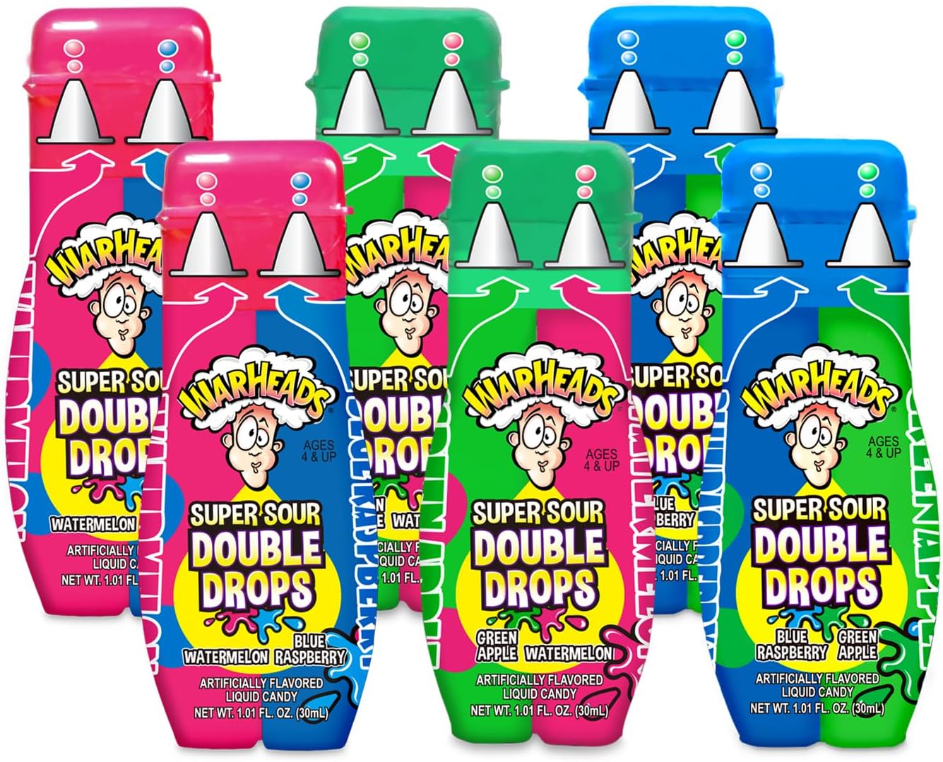 WARHEADS Super Sour Double Drops - Liquid Sour Candy - Blue Raspberry, Green Apple and Watermelon Assorted Flavors - 1.01 oz. Bottles - 6 Pack