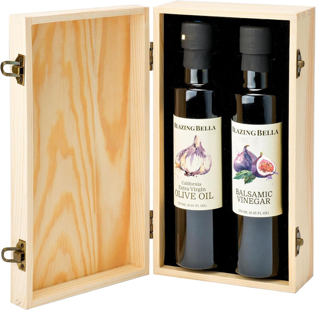 Blazing Bella Fig Balsamic and Garlic Olive Oil Gift Set, 2 x 250ml Bottles in Signature Wooden Box, Premium Barrel Aged Balsamic from Modena and California Extra Virgin Olive Oil