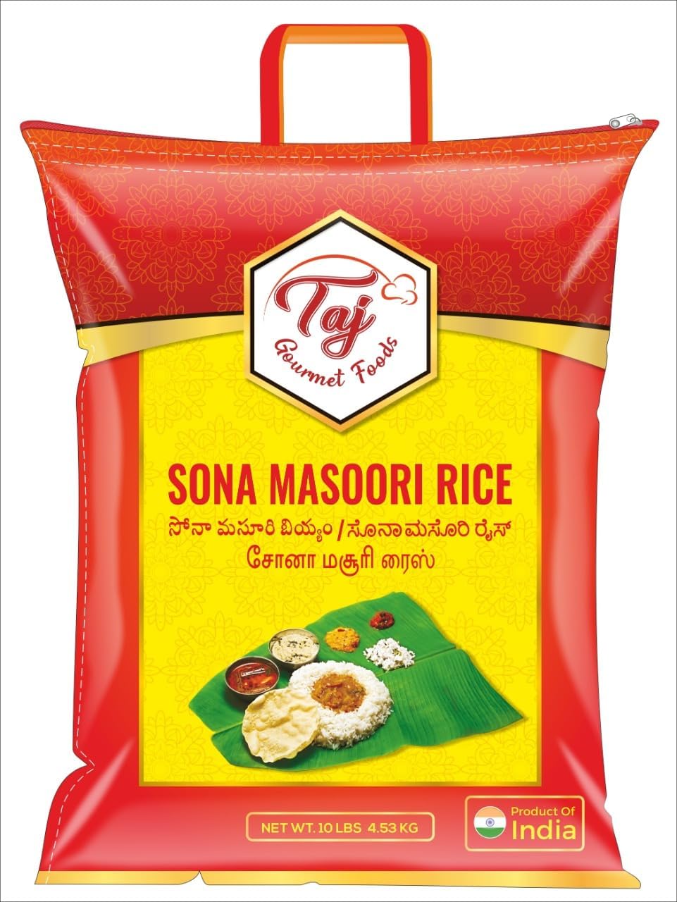 TAJ Sona Masoori Rice 10lbs | Short Grain White Rice | Product of India