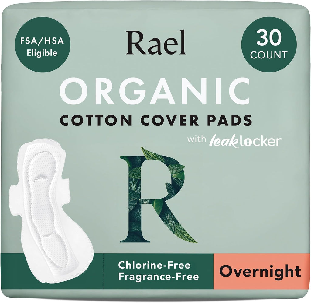 Rael Pads for Women, Organic Cotton Cover - Period Pads with Wings, Feminine Care, Sanitary Napkins, Heavy Absorbency, Unscented, Ultra Thin (Overnight, 30 Count)
