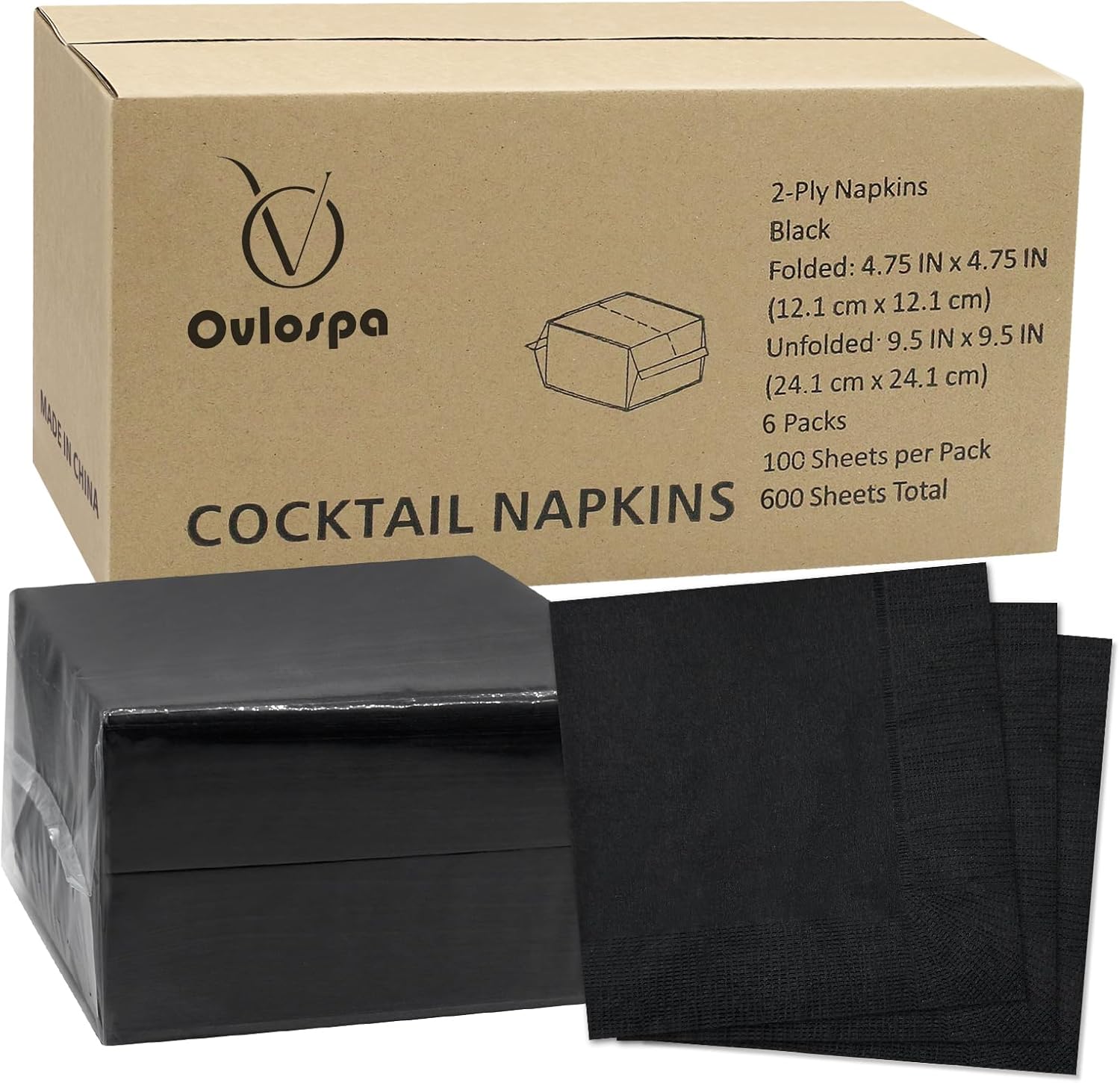 Cocktail Napkins - 600 Count 2-Ply Black Beverage Napkins, 4.75 x 4.75 Inch Folded Napkins Disposable, Paper Napkins for Bar Party Dinner Wedding and Everyday Use