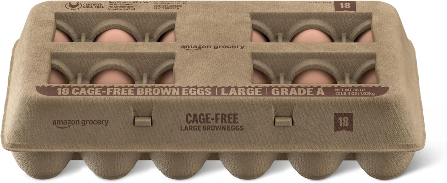 Amazon Grocery, Cage-Free Brown Eggs, Grade A, 18 Ct