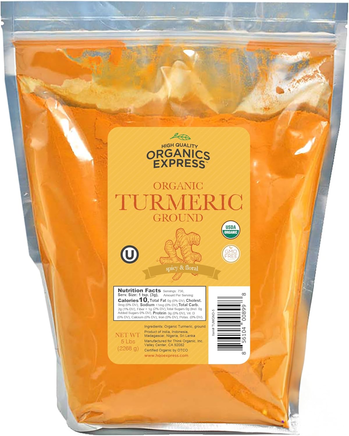 HQOExpress Bulk Organic Ground Turmeric Powder – 5 lb Value Bag (80 oz) USDA Organic | Non-GMO | Kosher | Sustainably Grown | Lab Tested | Legacy Brand Since 1977