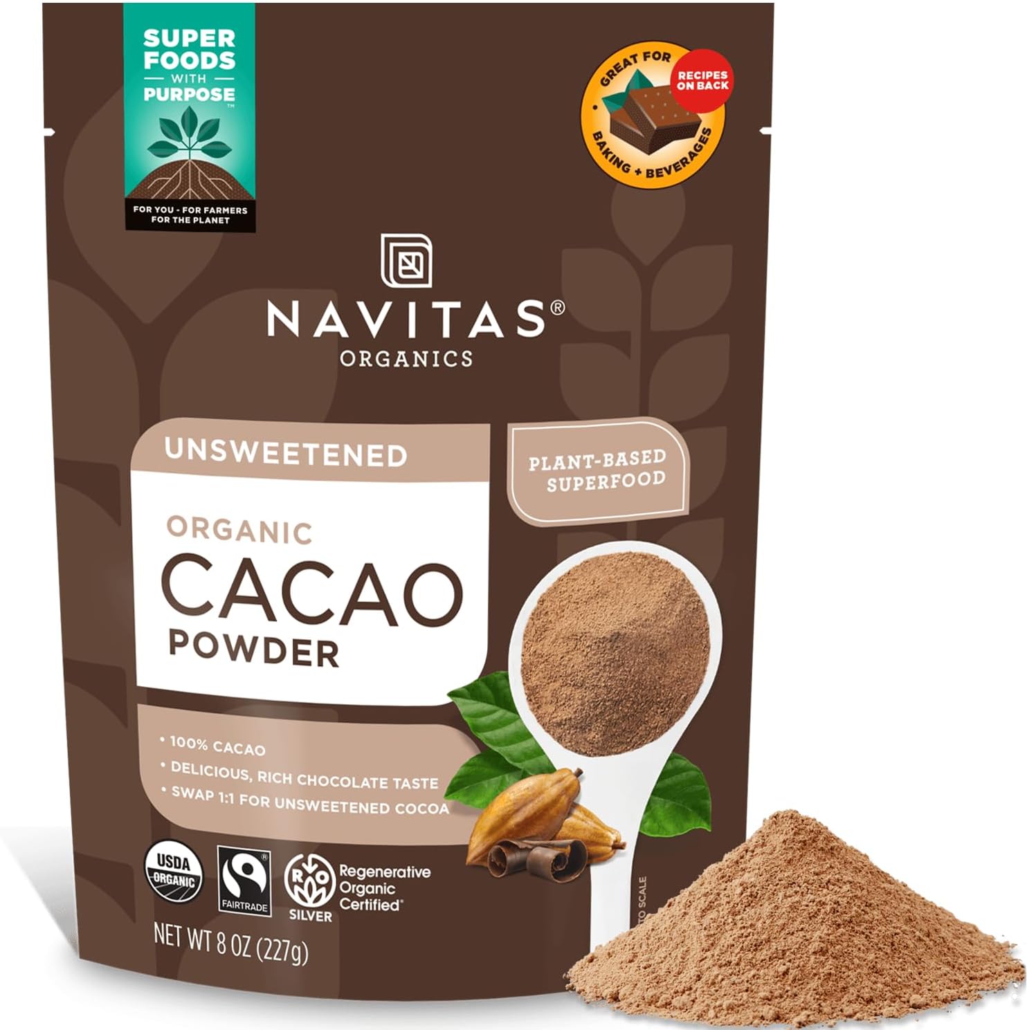 Navitas Organics Cacao Powder - Cocoa Powder Substitute 1:1, For Hot Chocolate, Baking & More - Regenerative Organic Certified, Non GMO, Fairtrade, Gluten Free, Non-alkalized (8oz. Bag, 38 Servings)
