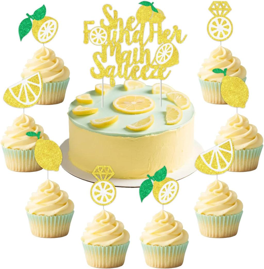 25PCS Lemon Bridal Shower Cake Decorations, She Found Her Main Squeeze Cake Topper and Lemonade Cupcake Toppers, Glitter Fruit Theme Wedding Engagement Bachelorette Birthday Party Supplies