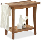 VICTORY RELAX Shower Stool Wood, 2-Tier Wooden Shower Bench for Inside Bathroom Sitting, Heavy Duty Chair with Storage Shelf, Acacia Wood Waterproof - Natural
