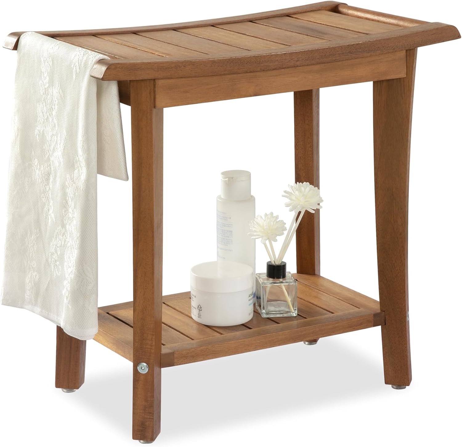 VICTORY RELAX Shower Stool Wood, 2-Tier Wooden Shower Bench for Inside Bathroom Sitting, Heavy Duty Chair with Storage Shelf, Acacia Wood Waterproof - Natural
