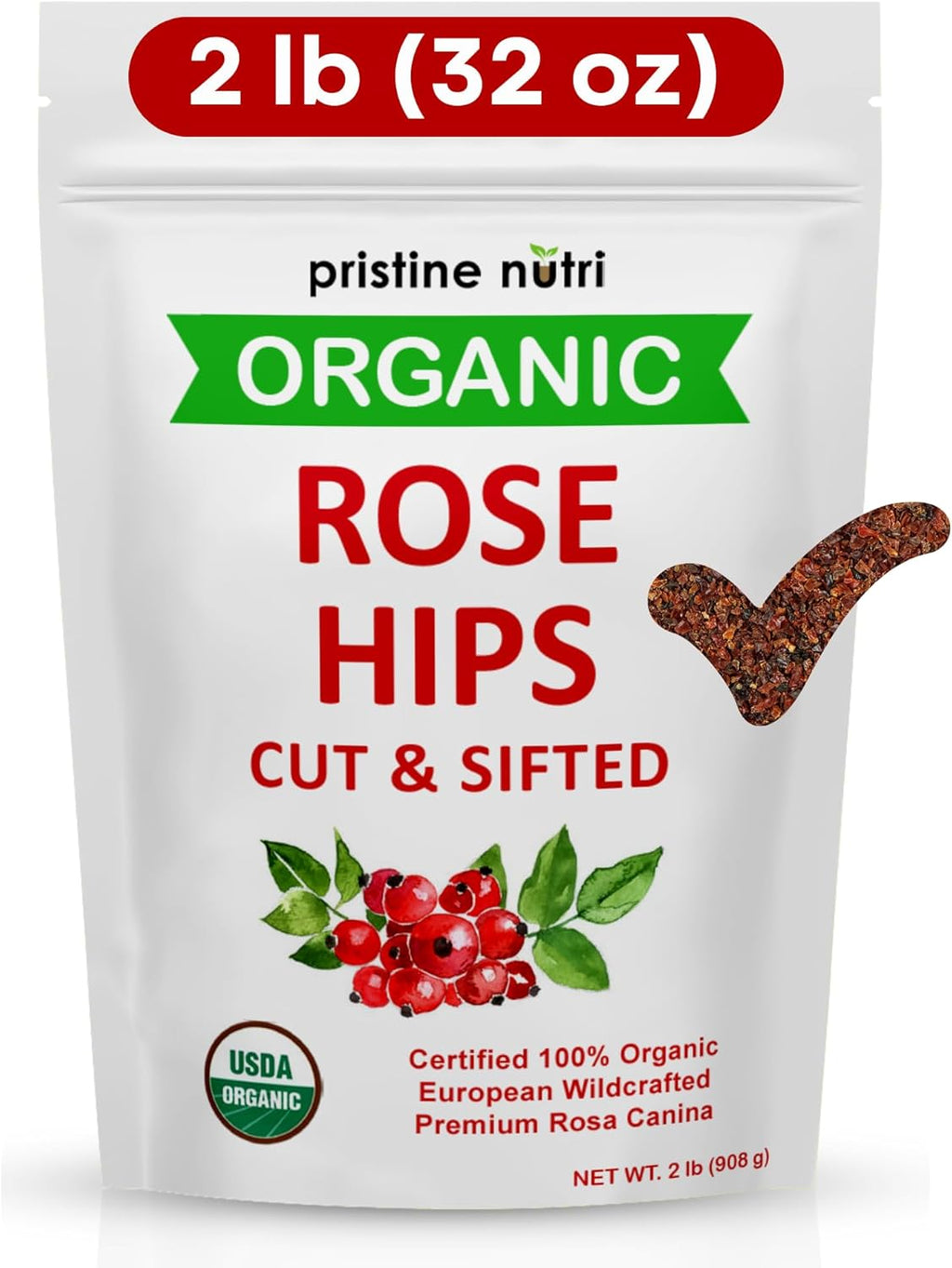 2 lb (32 oz) 100% USDA Organic Rose Hips Dried Bulk, Rosehips Cut & Sifted Shells, 95% Seedless, European All Natural, Makes 140 Cups of Vitamin C Rich Tea (Packaging May Vary)