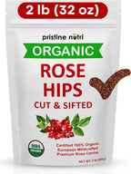 2 lb (32 oz) 100% USDA Organic Rose Hips Dried Bulk, Rosehips Cut & Sifted Shells, 95% Seedless, European All Natural, Makes 140 Cups of Vitamin C Rich Tea (Packaging May Vary)