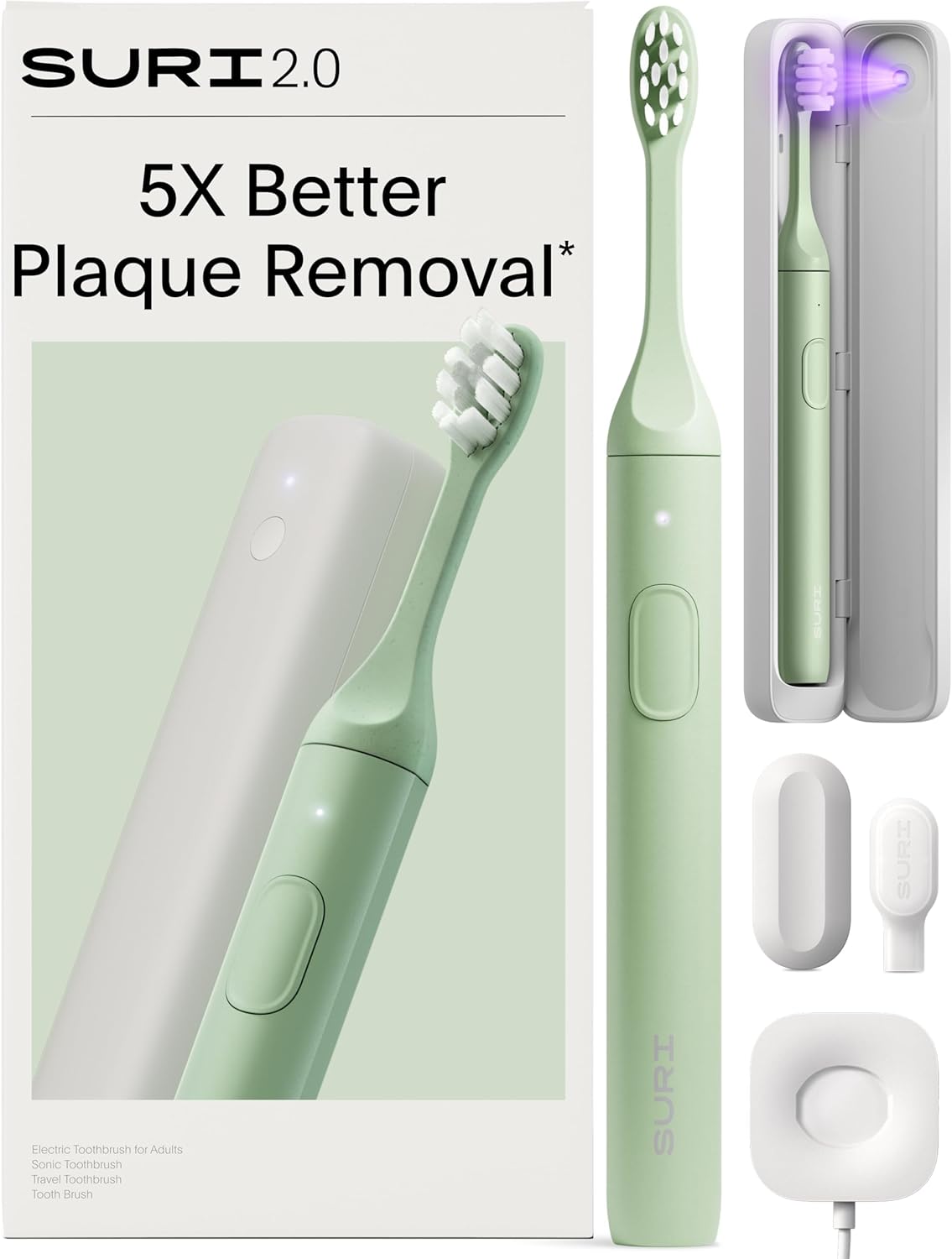 SURI 2.0 New Sonic Electric Toothbrush with Pressure Sensor & UV-Cleaning Travel Case | 1 Month+ Battery | Electric Toothbrush for Adults | Travel Toothbrushes | Tooth Brush | Green