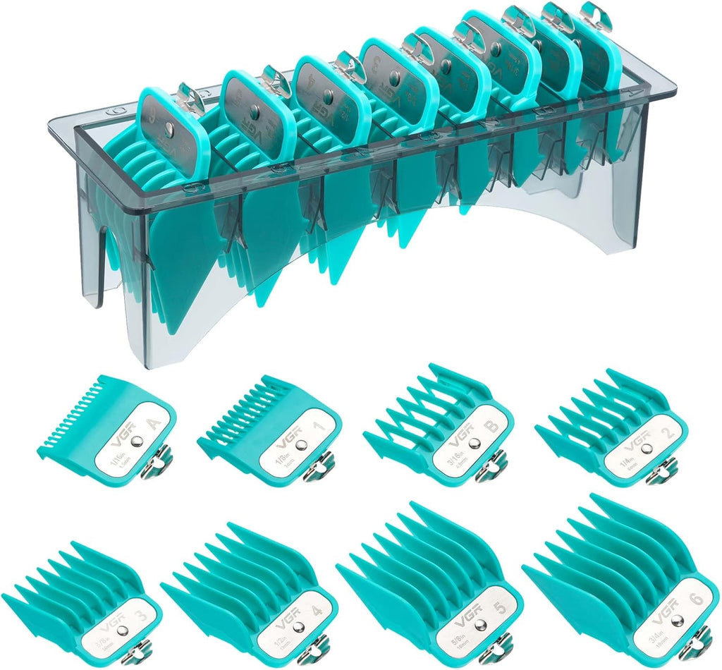 VGR 891 Professional Hair Clipper Attachment Comb Set，8 Pcs Hair Cutting Guide Combs with Limit Comb Rack for Most Hair Clippers，with Metal Clip，from 1/16 Inch to 3/4 Inch(1.5-19mm)