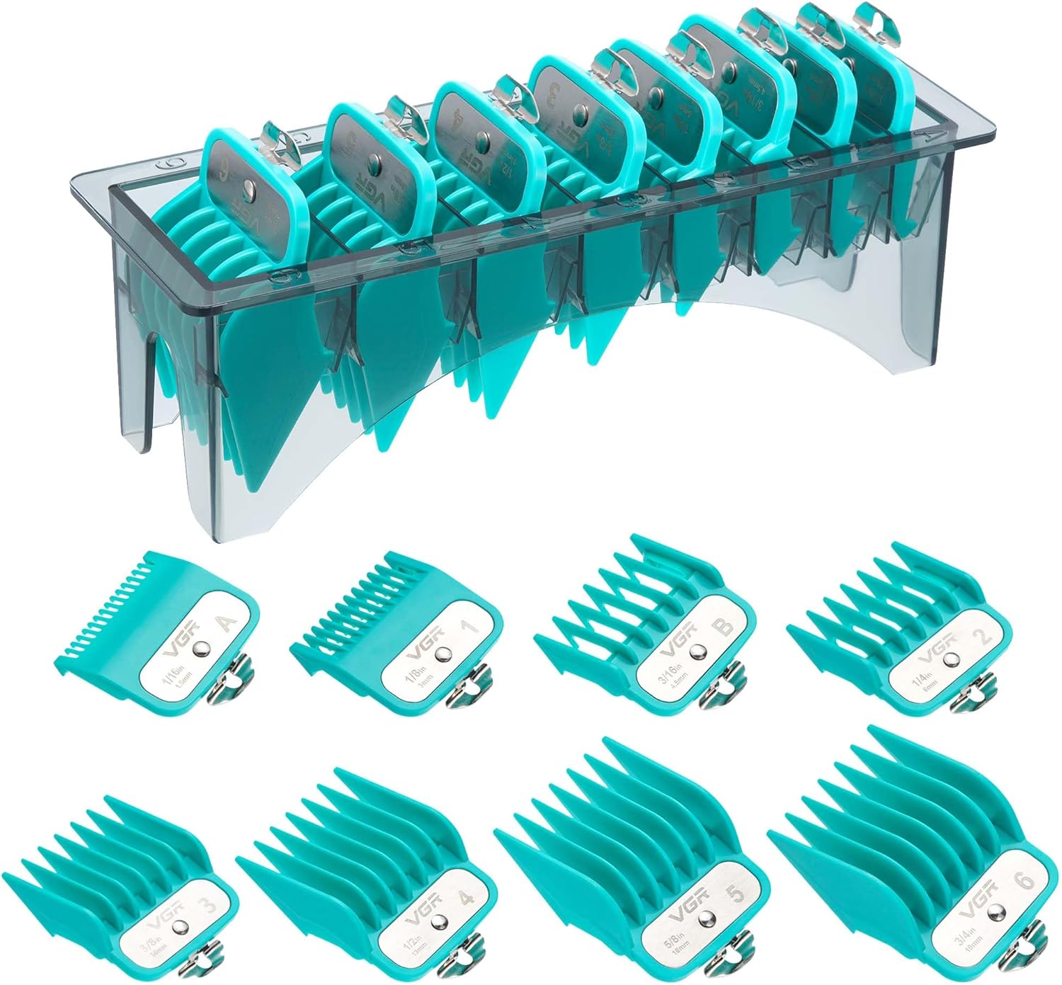 VGR 891 Professional Hair Clipper Attachment Comb Set，8 Pcs Hair Cutting Guide Combs with Limit Comb Rack for Most Hair Clippers，with Metal Clip，from 1/16 Inch to 3/4 Inch(1.5-19mm)