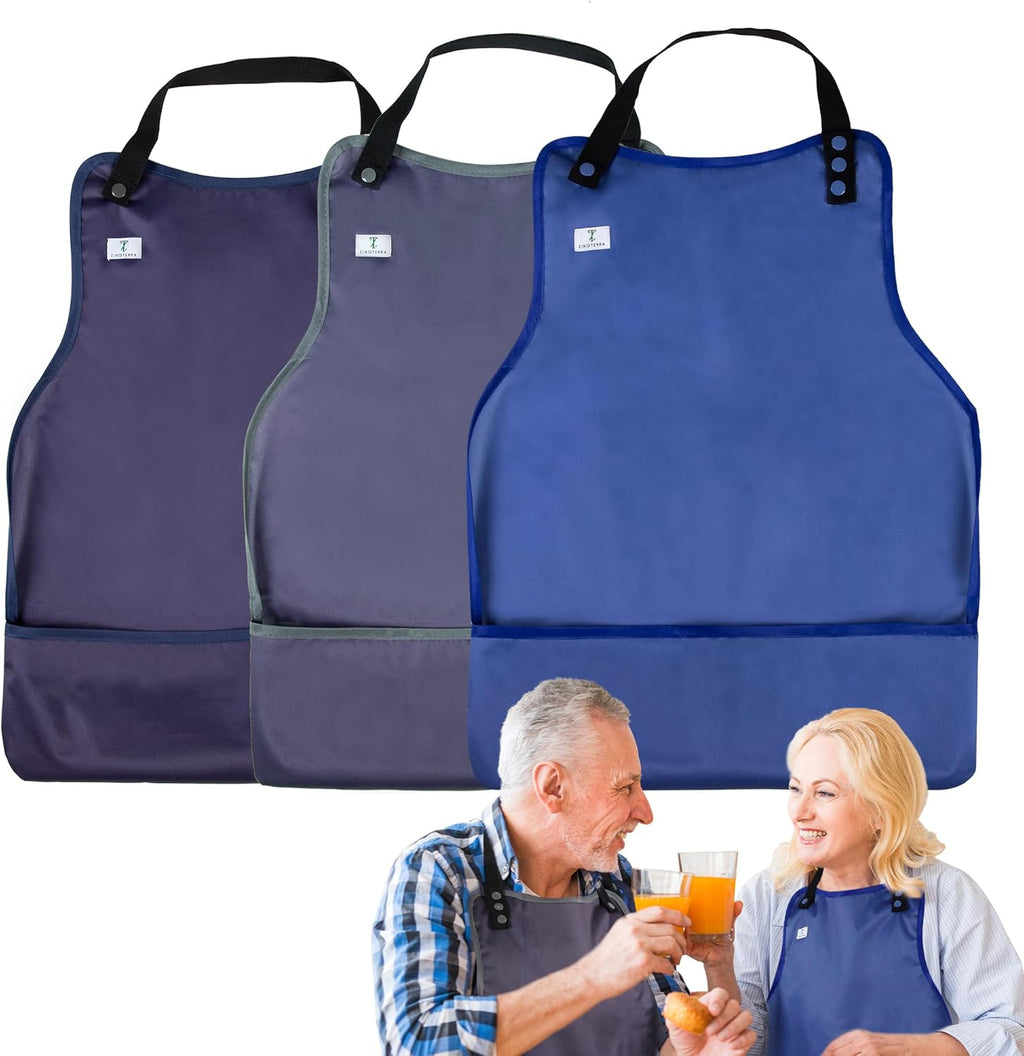 Adult Bibs with Crumb Catcher,3Pack Adjustable Bibs for Eating,Waterproof Washable Men Clothing Protectors,Reusable Large Feeding Bib for Women Elderly Seniors