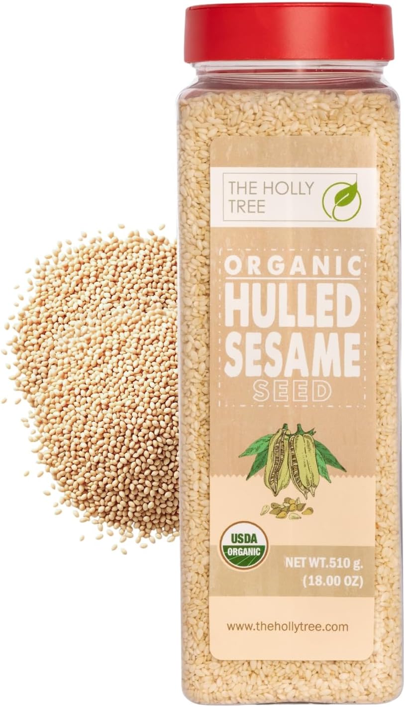 Organic Hulled Sesame Seeds 18 oz - White Sesame Seeds Organic - For Cooking, Baking and Garnishing - USDA Organic, Gluten-Free, Non-GMO - The Holly Tree