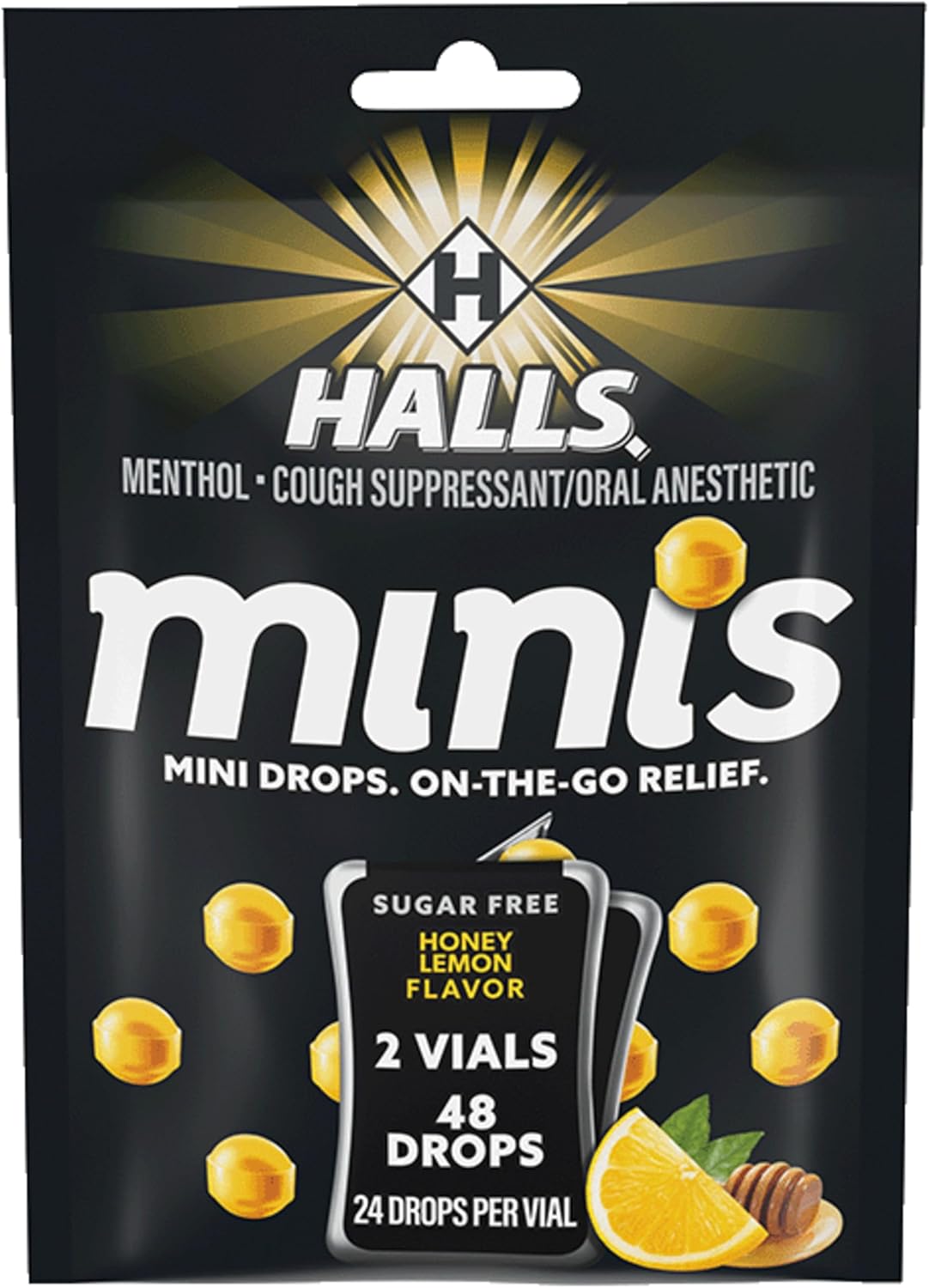 Halls Minis Honey Lemon Flavor Sugar Free Cough Drops, 48 Drops