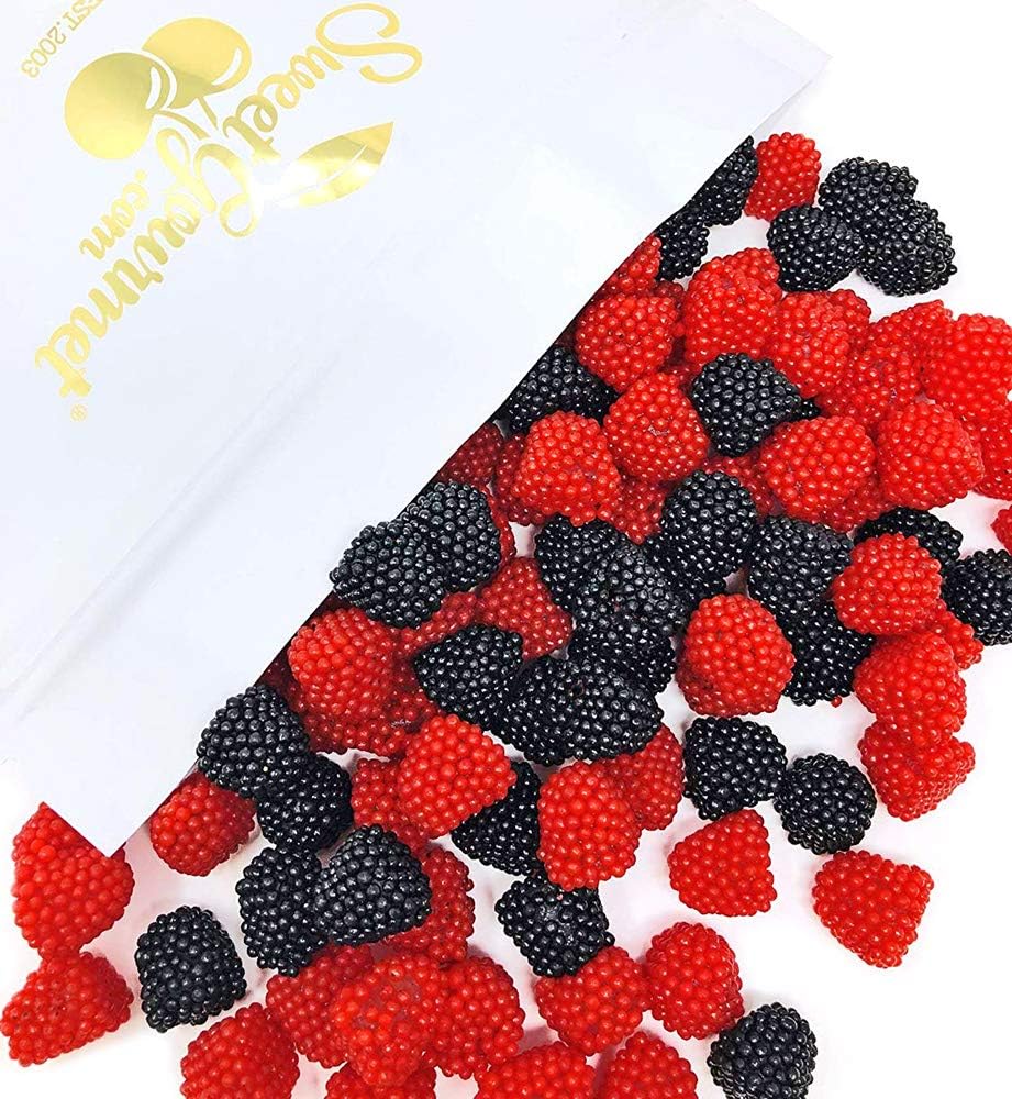 SweetGourmet Blackberry and Raspberry Gummy Candy with Nonpareils, Chewy Berry Shaped Treats, Red and Black, 3 Pound Bag